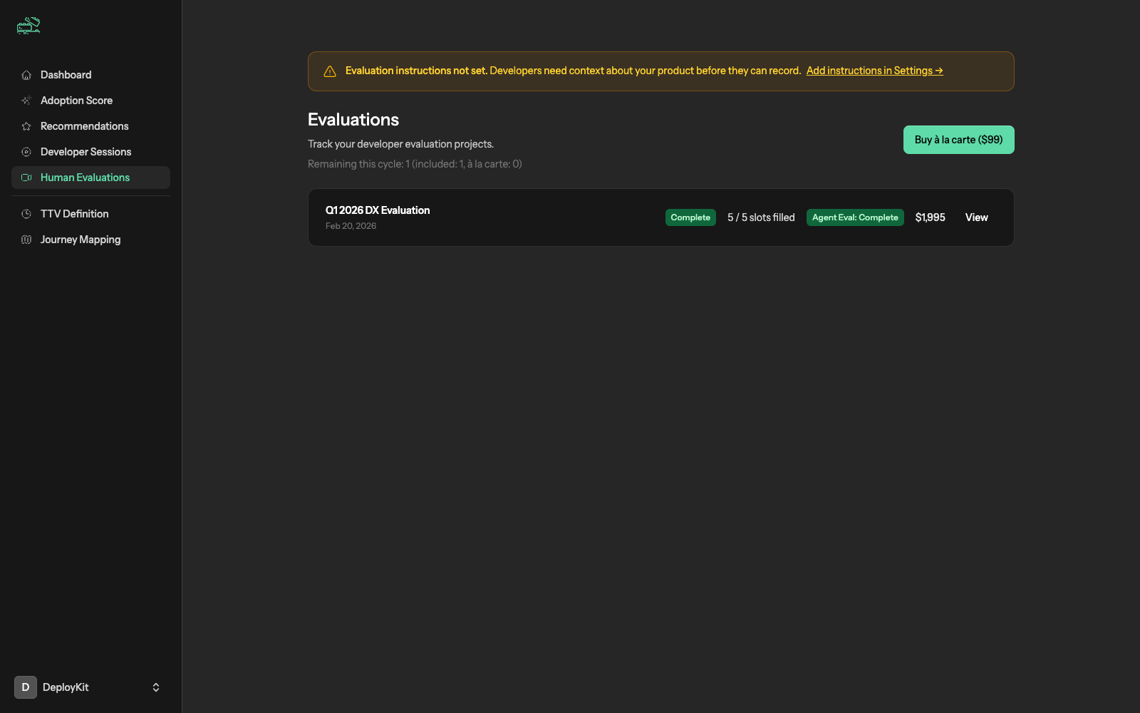 Evaluations dashboard showing active projects and developer sessions