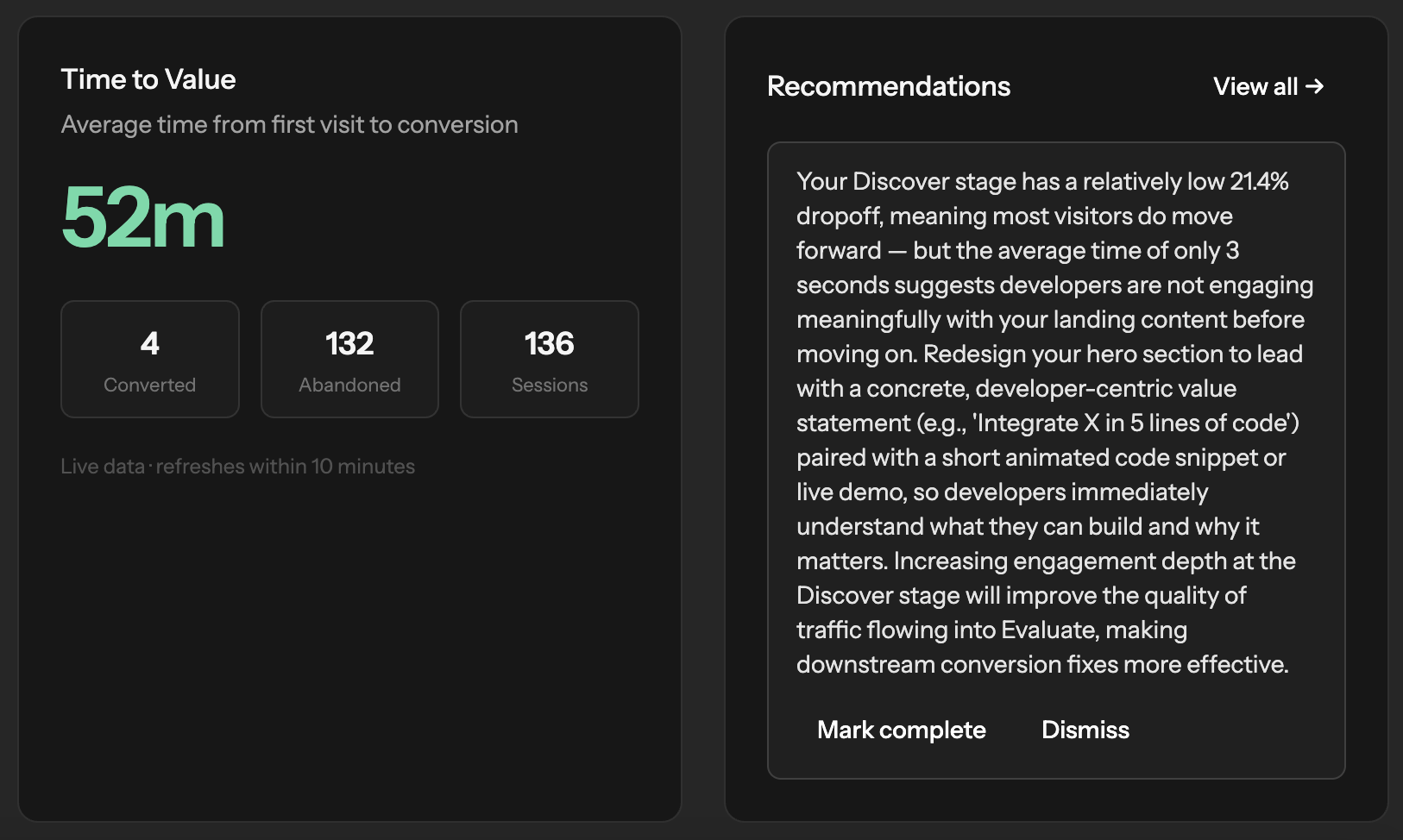 Recommendations engine showing prioritized developer experience improvements